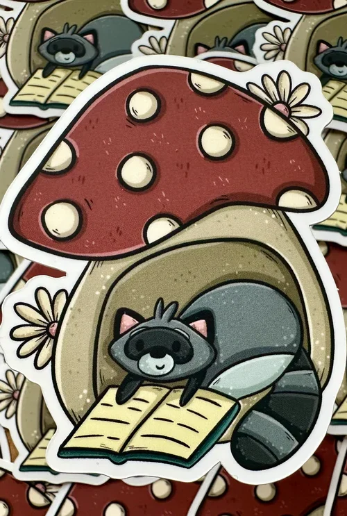 Raccoon & Mushroom Die Cut Sticker