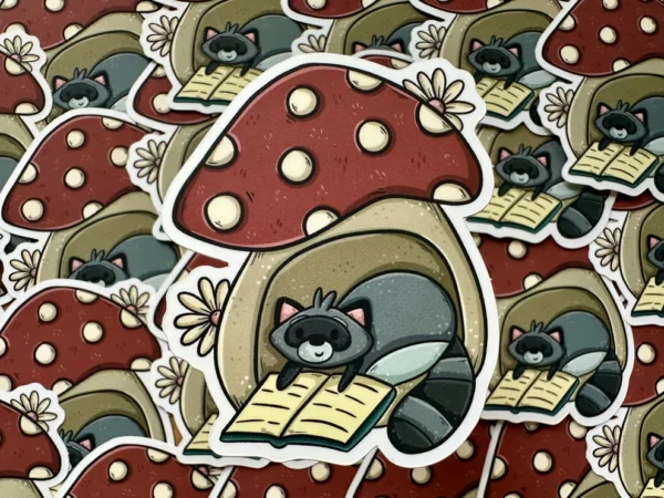 Raccoon & Mushroom Die Cut Sticker