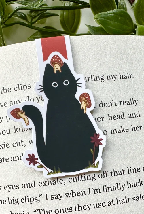 Black Cat with Mushrooms Magnetic Bookmark