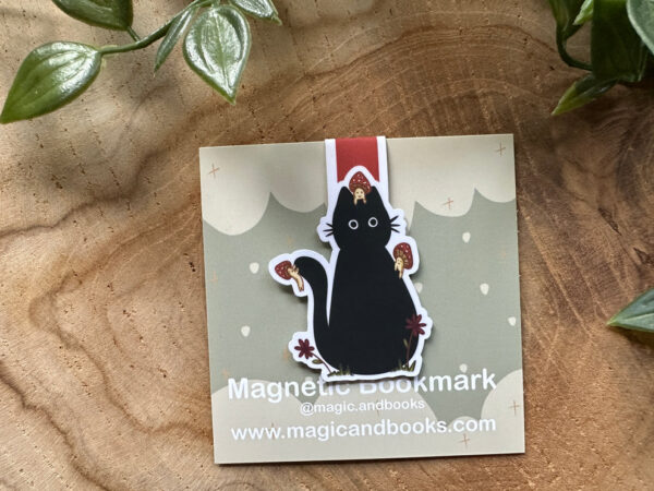 Black Cat with Mushrooms Magnetic Bookmark